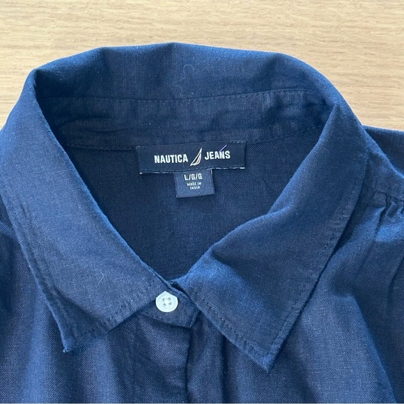 Nautica Women's Navy Linen Blend Short Sleeve Button Up Shirt Sz L - Picture 9 of 10